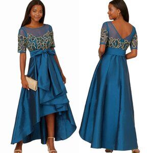 Adrianna Papell Beaded Taffeta High Low Long Dress In Teal Sapphire Gold 12 $299